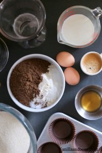Ingredients for making chocolate espresso cupcakes