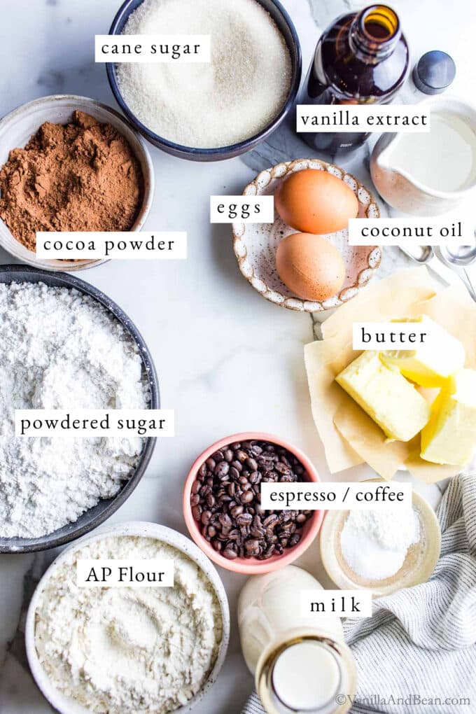 Ingredients for chocolate espresso cupcakes.