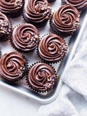 Chocolate Coffee Cupcakes on a sheet pan.