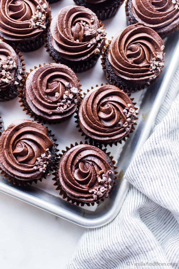 Chocolate Coffee Cupcakes on a sheet pan.