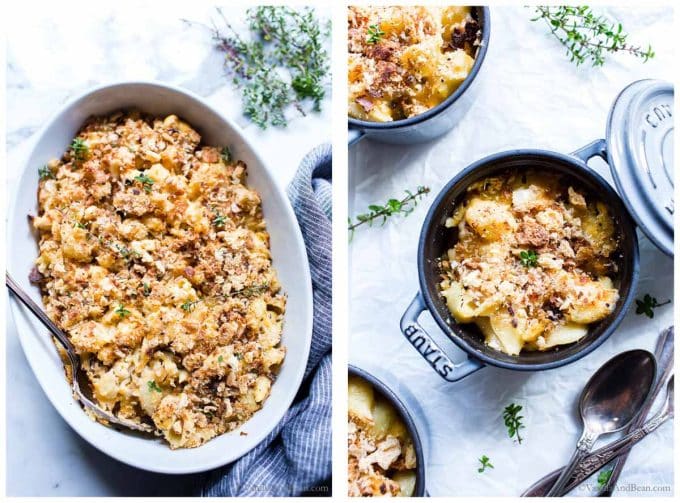 Two photos of cauliflower macaroni and cheese 1. fished dish in a baker. 2. finished dish in ramekins.