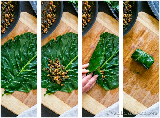 Overhead shot of four images, rolling BBQ Black Eyed Pea Collard Rolls.