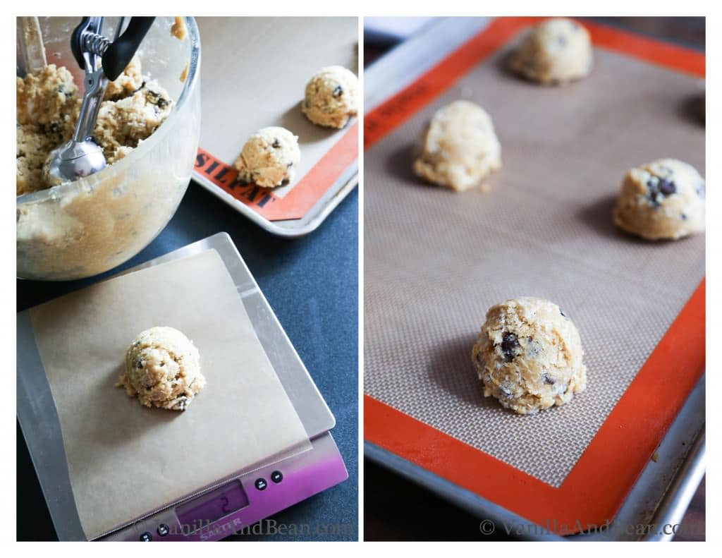 Scooping from the butter mixture to a cookie sheet pan
