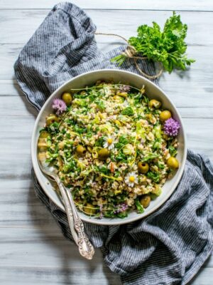 Spinach Pecan Brown Rice Salad with Feta in a bowl ready for serving.