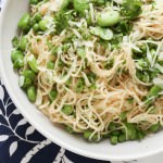 A bowl of capellini with fava beans, peas and pecorino