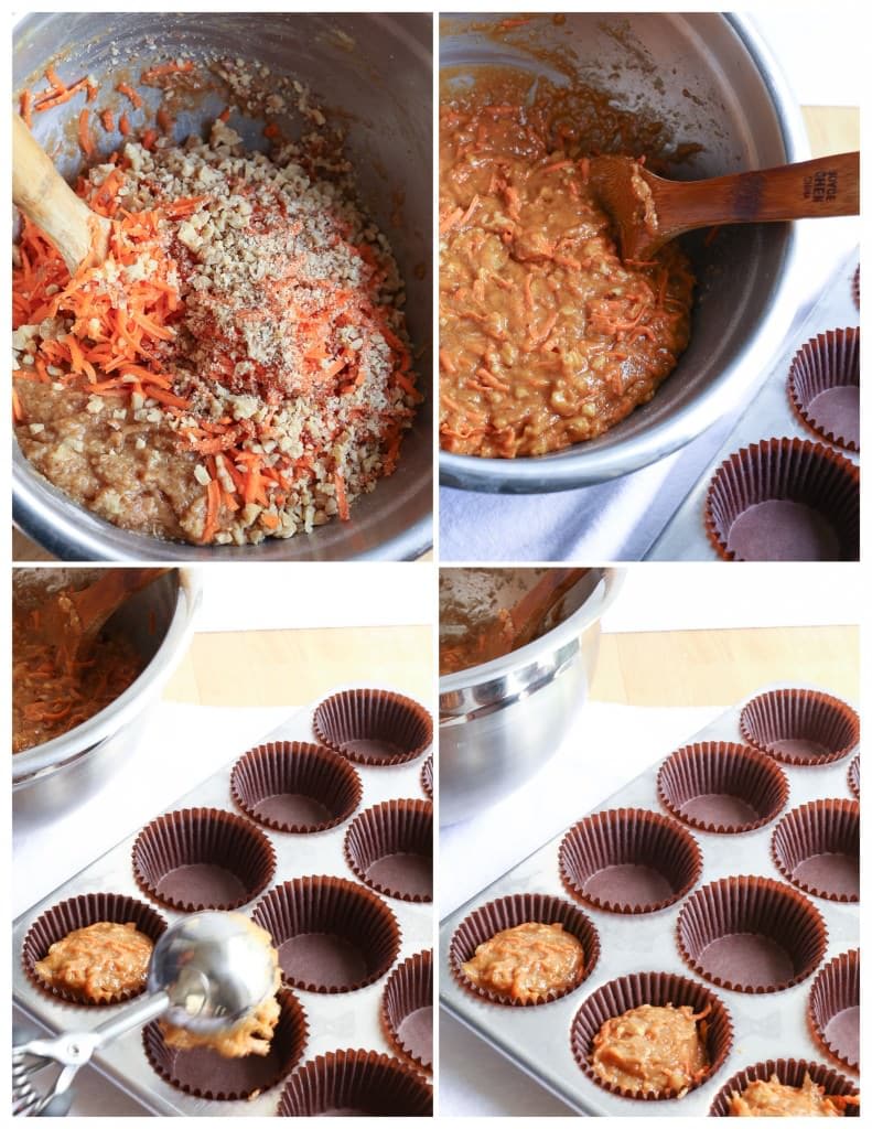 Carrots, pineapple and walnuts are mixed into the cake batter and scooped out to a muffin-lined pan.