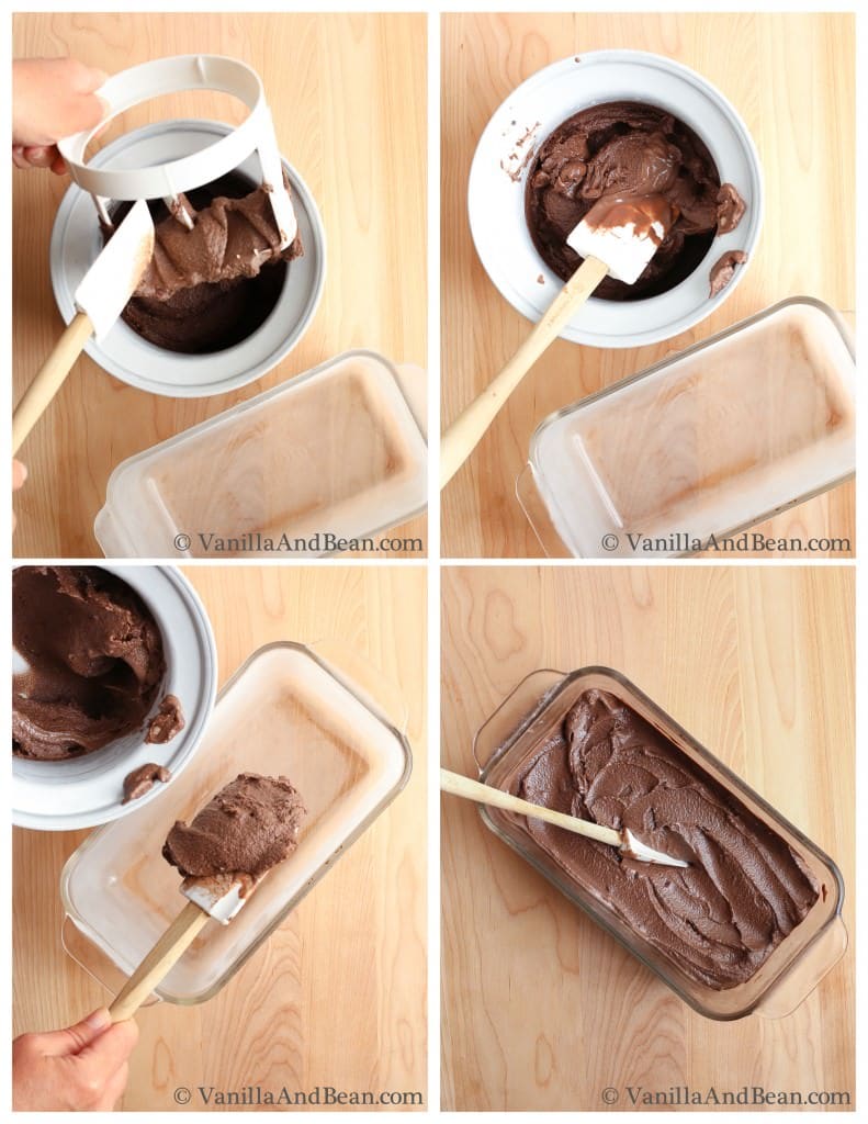 The dark chocolate ice cream is transferred from the ice cream maker to a parchment-lined container.