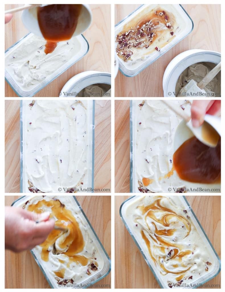Assembling the ice cream and caramel in a container and topped with pecans.