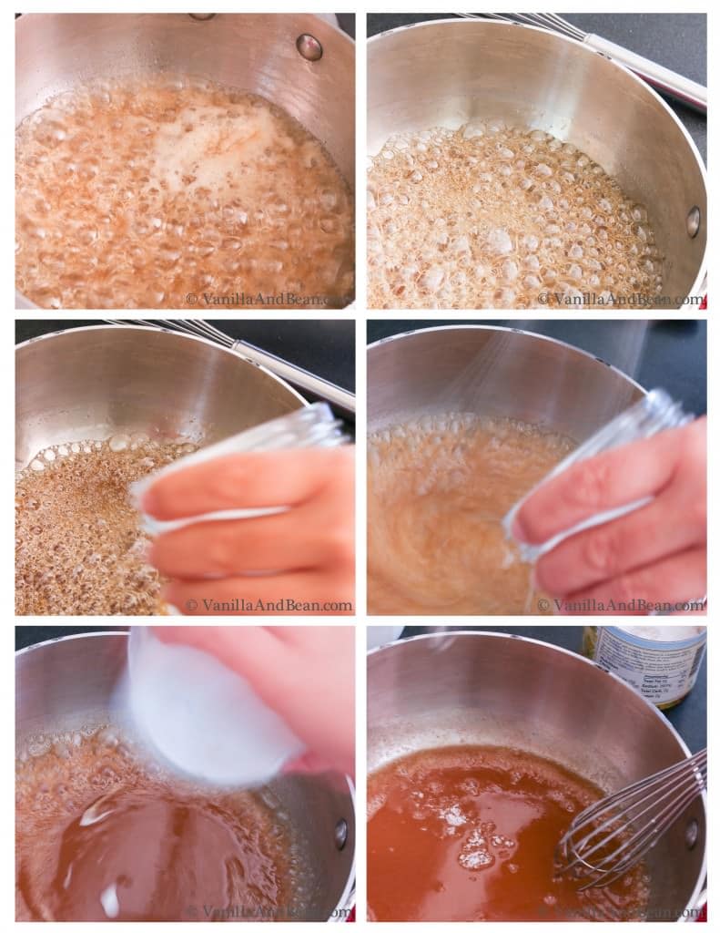 The caramel sauce boiling in a pan, removed from heat, and coconut milk mixed last using a wire whisk.
