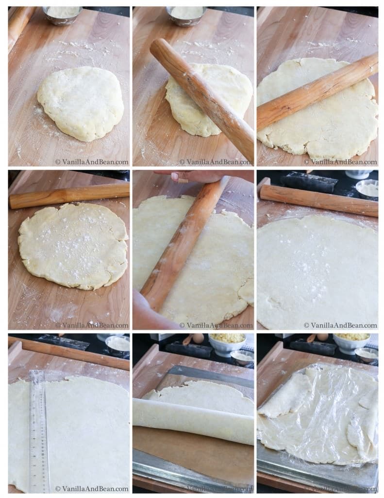 Dough flattened on a floured board with a rolling pin, rounded flat, transferred to a parchment-lined baking sheet and wrapped in a plastic wrap