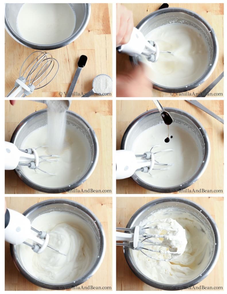 Whipping cream, white sugar and vanilla in a stainless bowl whipped with a handheld mixer..