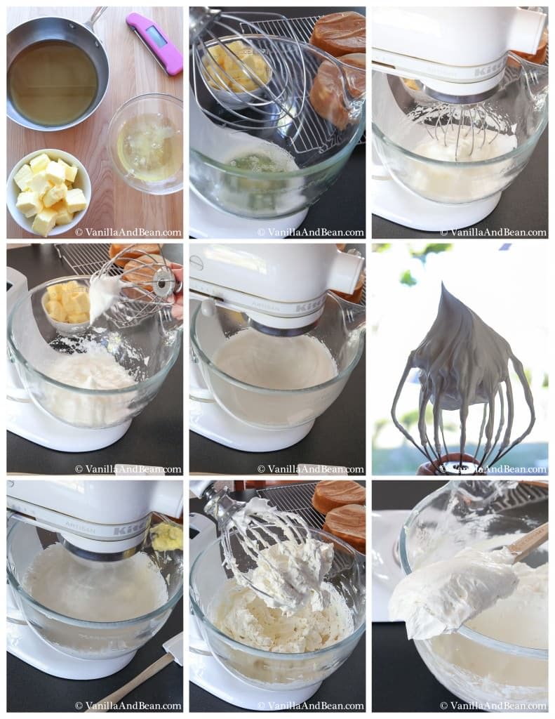 Ingredients of the buttercream in a glass bowl of a stand mixer with a whisk attachment