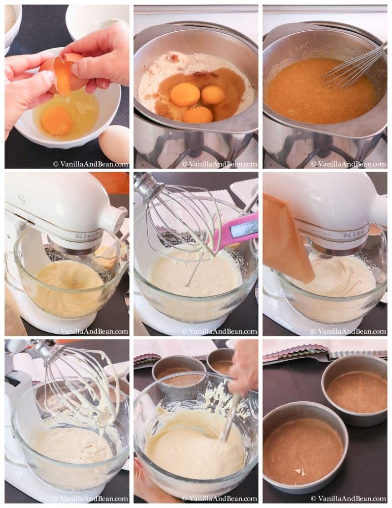 Eggs and dry ingredients warmed in a pan, transferred to a glass bowl of a stand mixer for whipping.