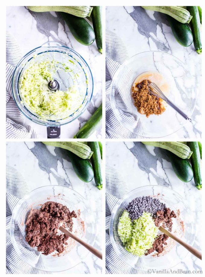 1. Shreeded zucchini in the work bowl of a food processor. 2. Wet ingredients in a mixing bowl for Vegan Zucchini Muffins. 3. Mixing the dry and wet ingredients making muffins. 4. Adding the zucchini and chocoate chips to the bowl making vegan chocolate muffins.