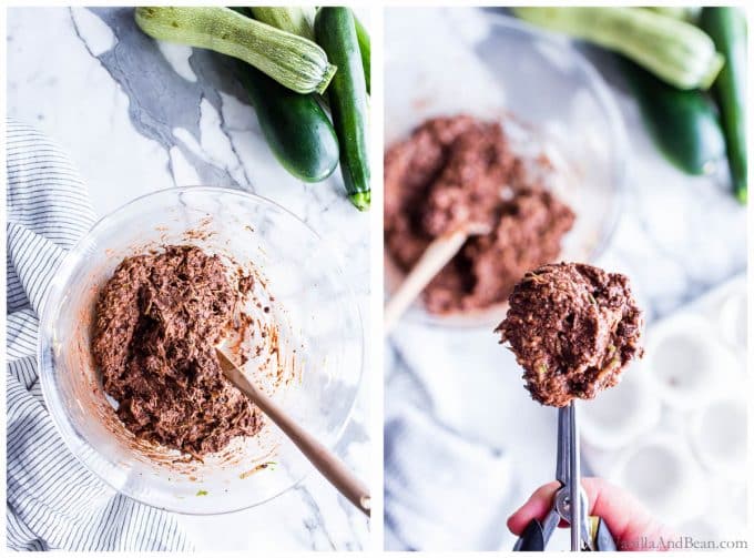 1. Batter for Vegan Chocolate Muffins in a bowl. 2. A scoop of zucchini chocolate muffin batter closeup.