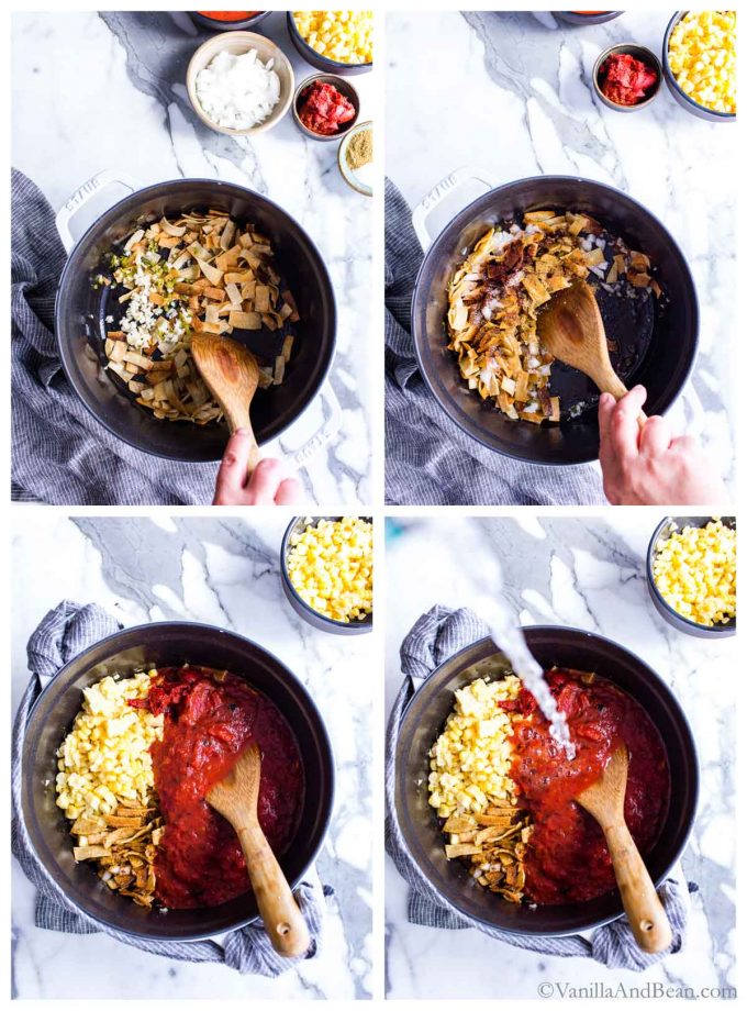Four images of creamy tortilla soup being made. 1. Frying tortilla strips. 2. Adding spices to the tortilla strips. 3. Tomatoes and corn are added to the soup pot. 4. Veggie broth is poured into the soup pot.