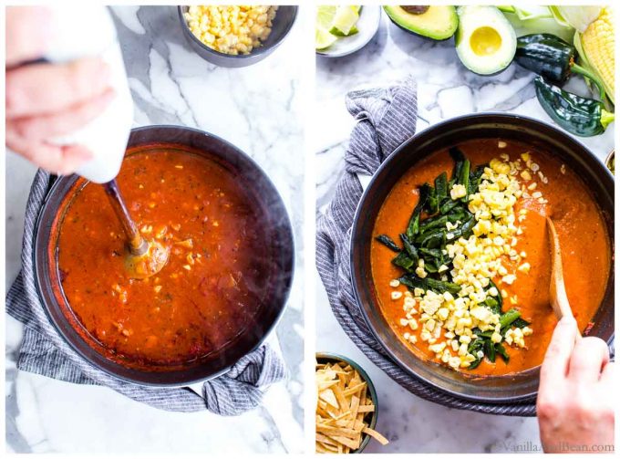 Two images of Mexican Vegetarian Soup being purred' with an immersion blender and then with roasted poblanos and corn kernels getting mixed into the purred soup.