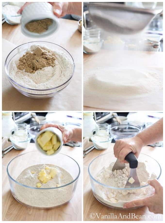 Sifting the flour and other dry ingredients into a large mixing bowl. Cutting the butter in the flour mixture using a pastry cutter..