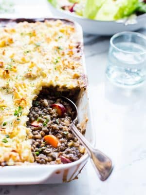 A closeup of the interior of this meatless cottage pie.