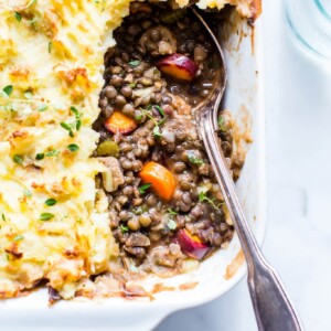 A closeup of the interior of this meatless cottage pie.