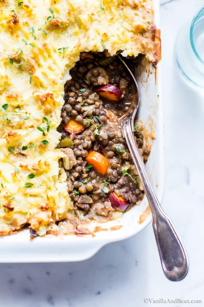 A closeup of the interior of this meatless cottage pie.