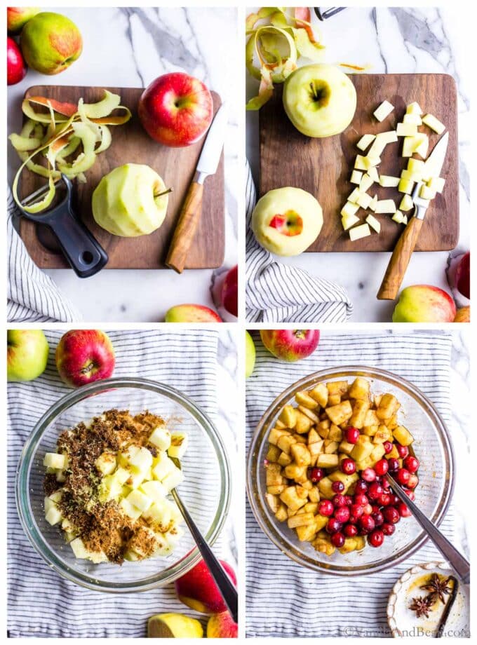 A series of images for apple cranberry cobbler: peeling and dicing apples, mixing the apples with sugar and adding cranberries to the apples.