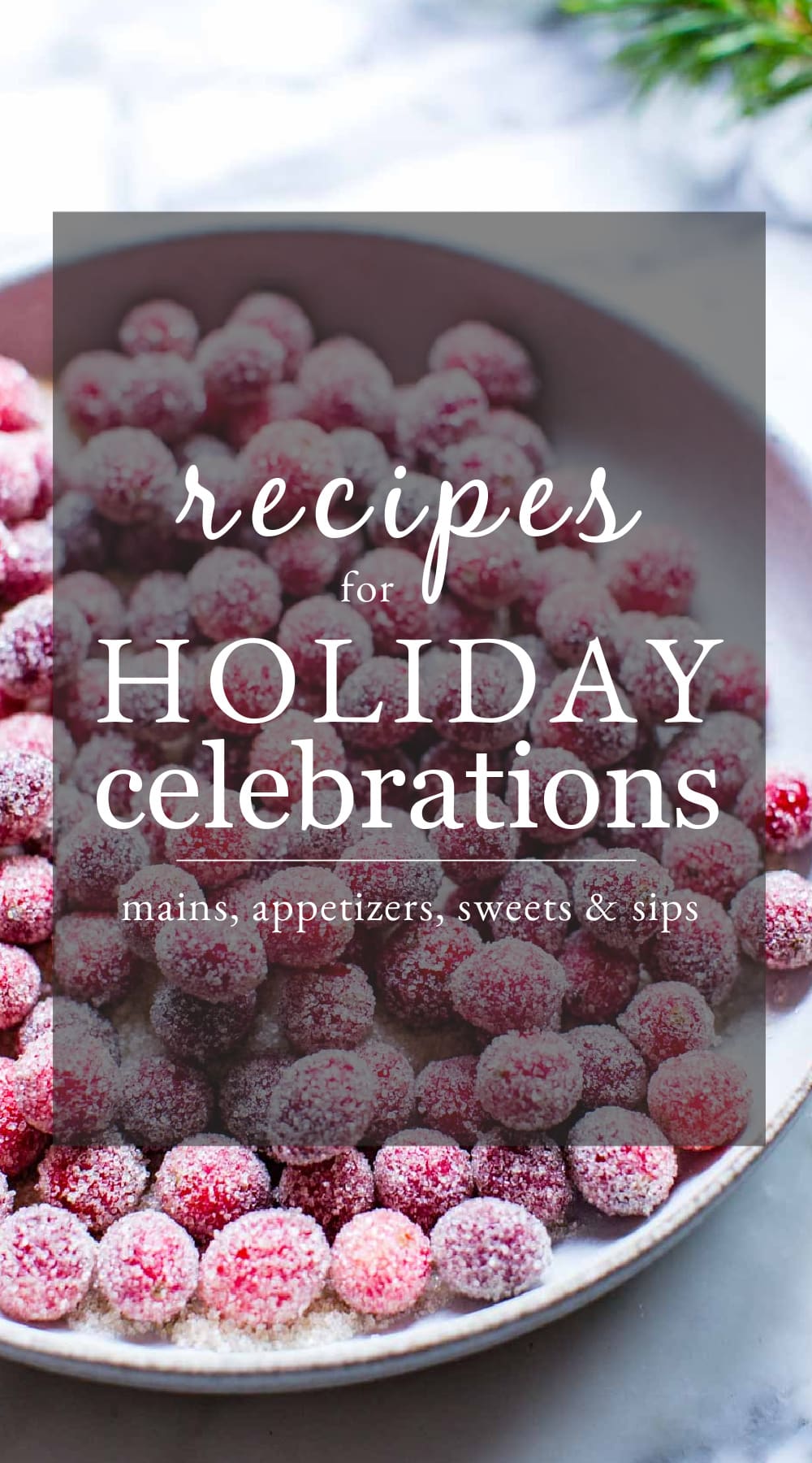 Recipes for holiday celebrations text over a bowl of sugared cranberries.