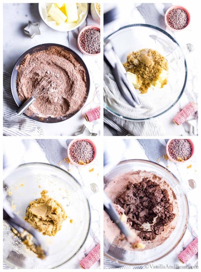 Four images showing how to mix chocolate shortbread cookies.