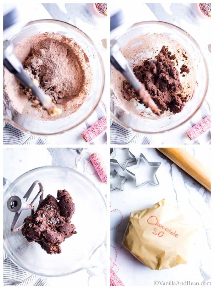 Four images showing how to mix chocolate shortbread cookies.