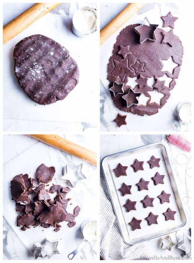 Four images showing how to roll out and cut chocolate shortbread cookies.