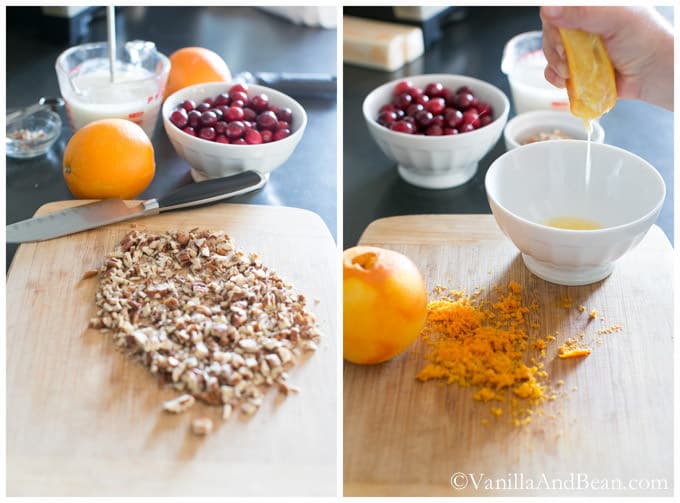 Pecans chopped on a chopping board with knife. Orange zest on a chopping board and juicing the oranges.