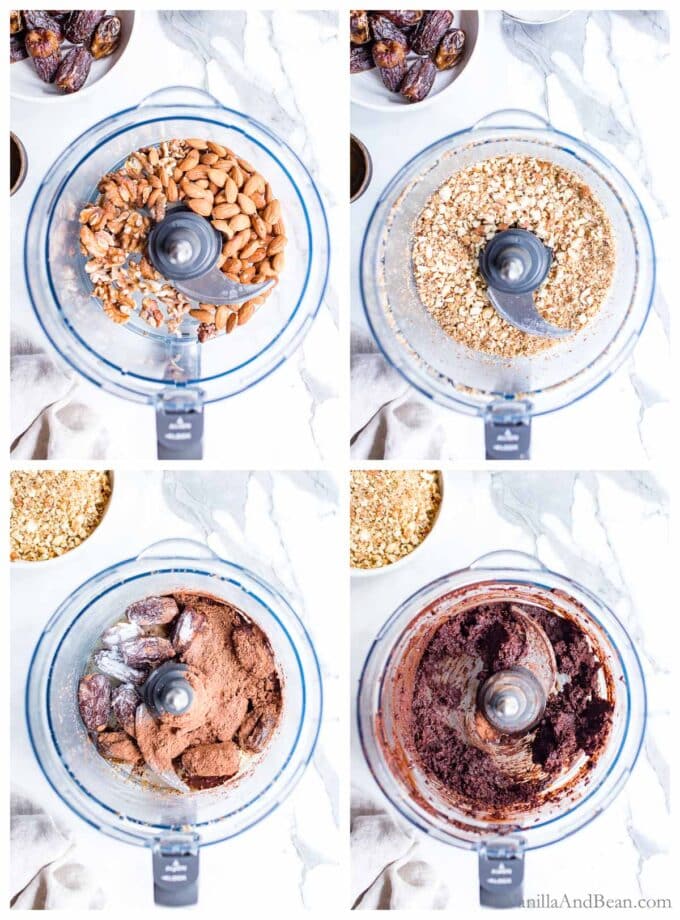 A series of four images of coconut date balls being made in a food processor.
