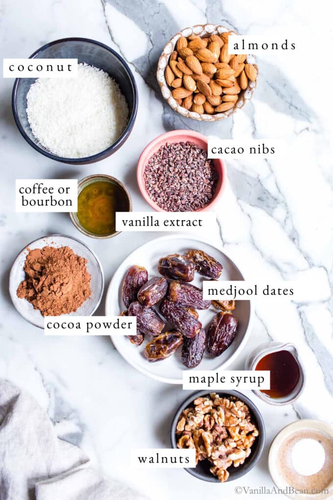 Ingredients for chocolate coconut date balls.
