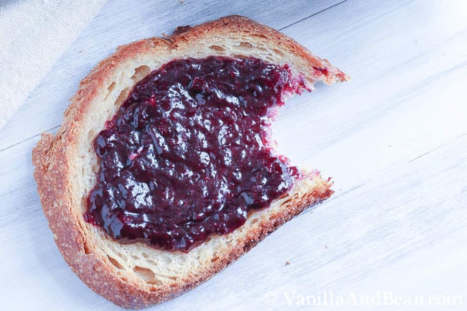Blueberry jam spread on a toasted bread.