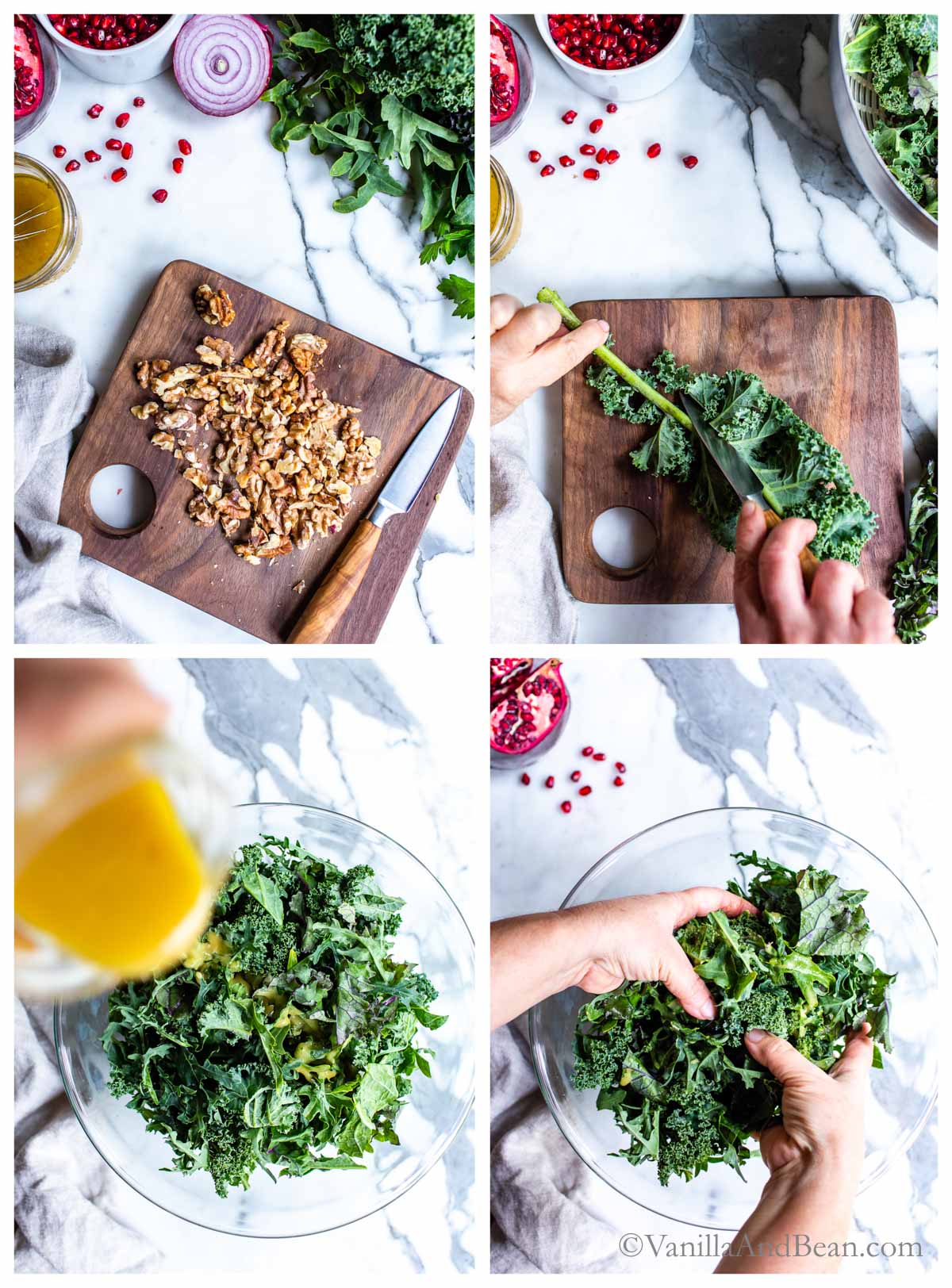 1. Chopped walnuts on a cutting board. 2. Stem being removed from kale on a cutting board. 3. Pouring dressing over kale in a bowl. 4. Massing kale in a bowl.