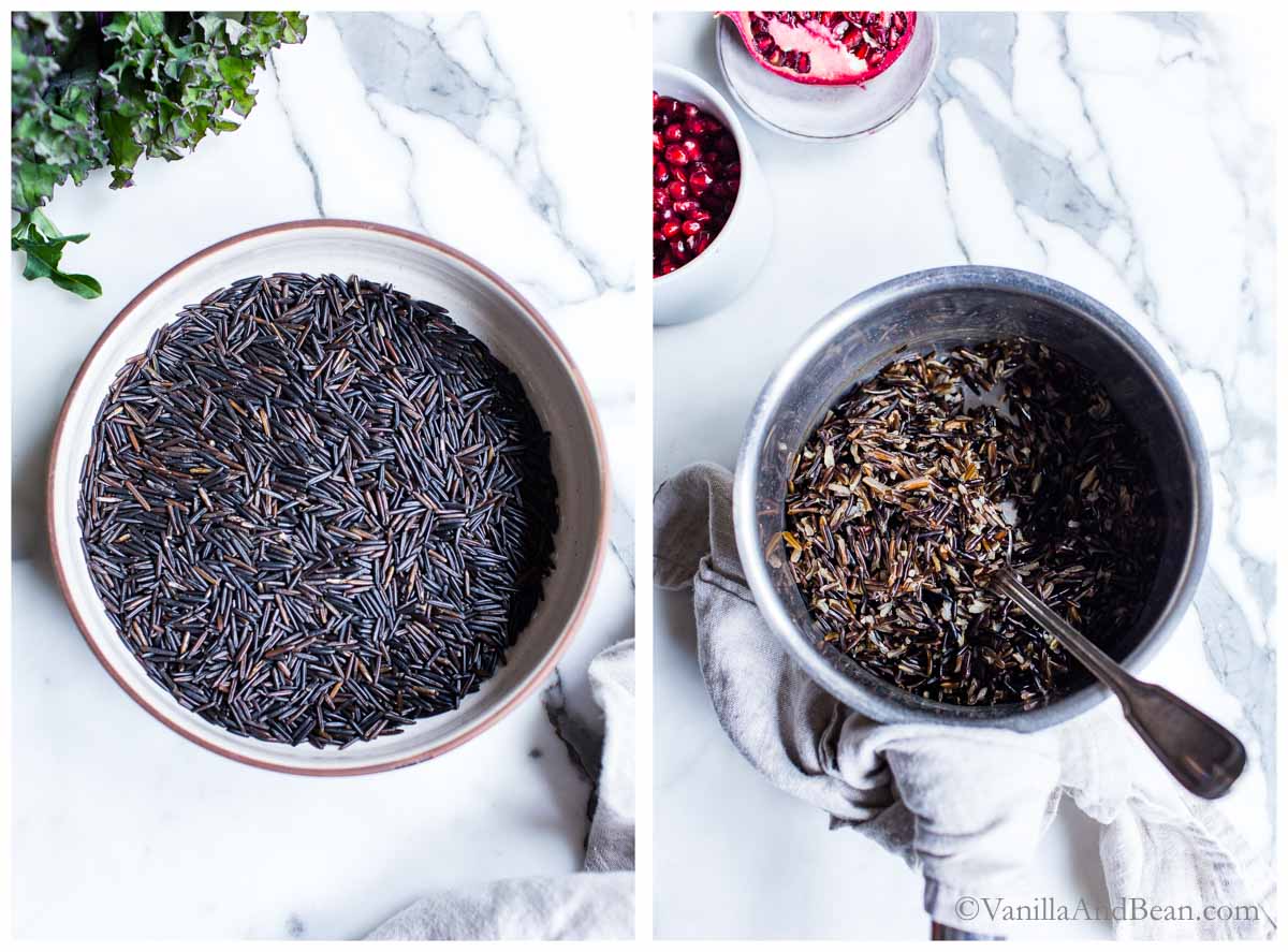 1. Wild Rice In a bowl. 2. Cooked wild rice in a stock pot.