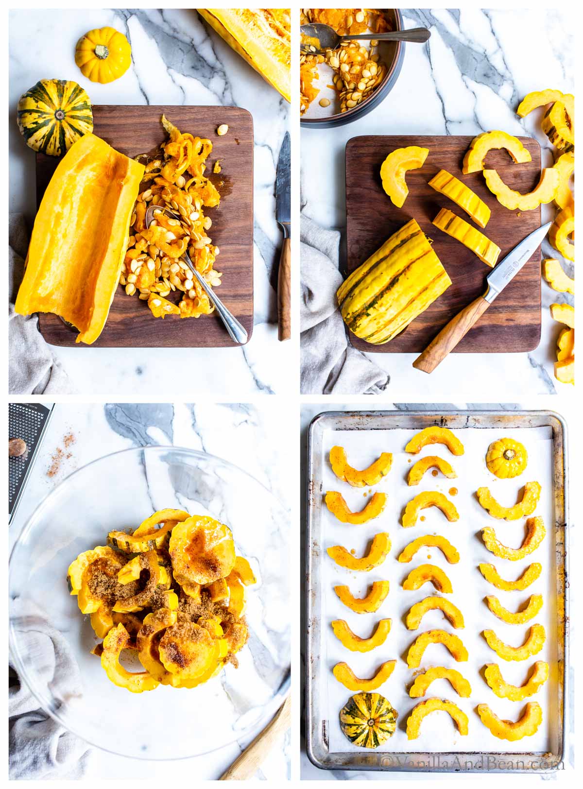 1. Deseeding Winter Squash on a cutting board. 2. Slicing delicata Squash on a cutting board. 3. Delicata squash in a bowl with maple and brown sugar. 4. Sliced squash on a sheet pan.