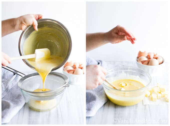 The orange curd is strained into a bowl with a fine mesh sieve. Butter is added to the fine mixture. Surrounding the bowl are egg shells in a small bowl and butter cut into pieces.