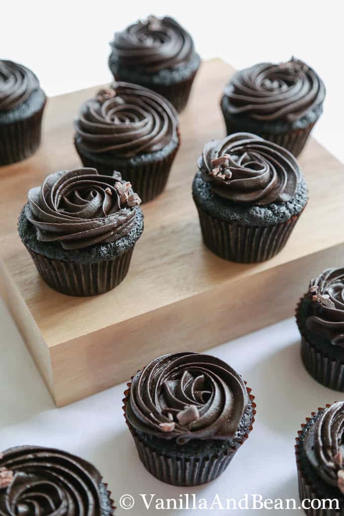 Perfect Chocolate Espresso Cupcakes topped with icing served and ready to eat. 