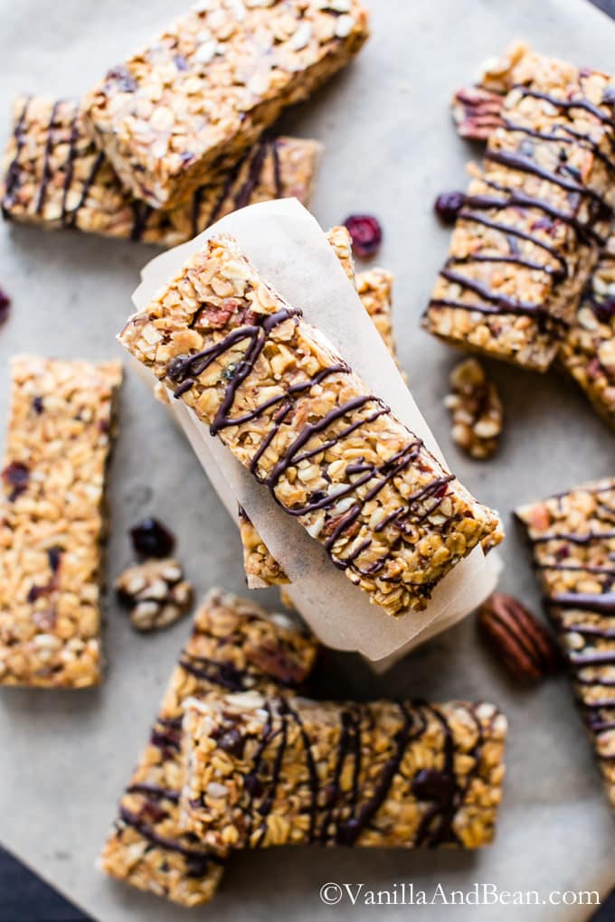 Chewy Peanut Butter Fruit and Nut Granola Bars on parchment paper.