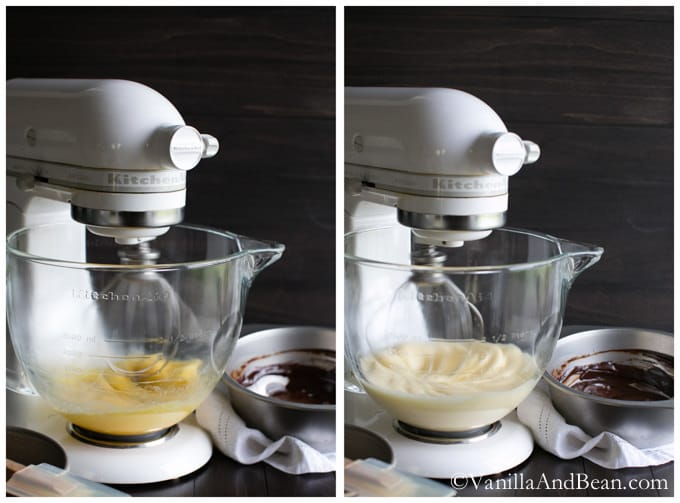 Sugar and eggs in a bowl of a stand mixer with whisk attachment mixed until the mixture is doubled in volume.