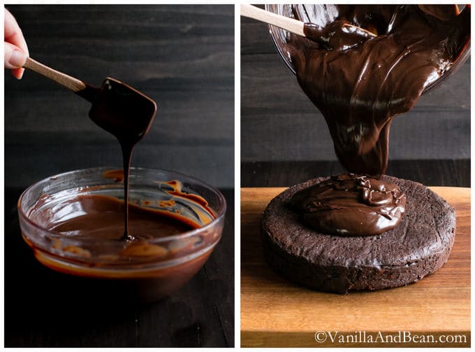 A bowl of chocolate ganache and a spatula testing for its consistency and it is poured on the cake.