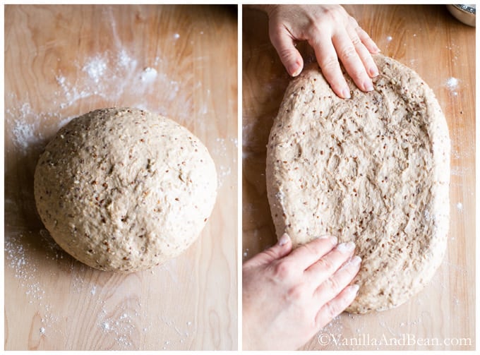 A dough made into a ball then spread out flat into a rough rectangular shape.