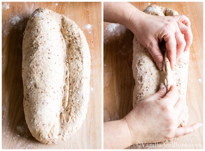 The dough is folded lengthwise and pinched towards the end to close it.