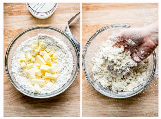 Dry ingredients in a large glass bowl topped with cubed butter and then mixed. 