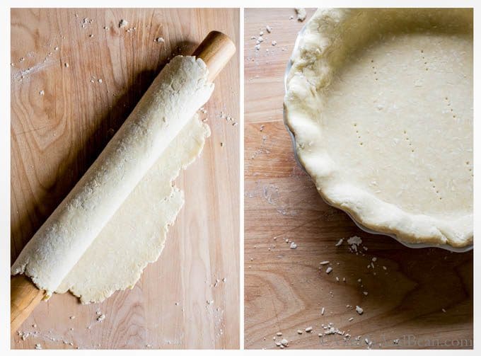 Flattened dough in a rolling pin and fit into a pie plate with its excess trimmed.