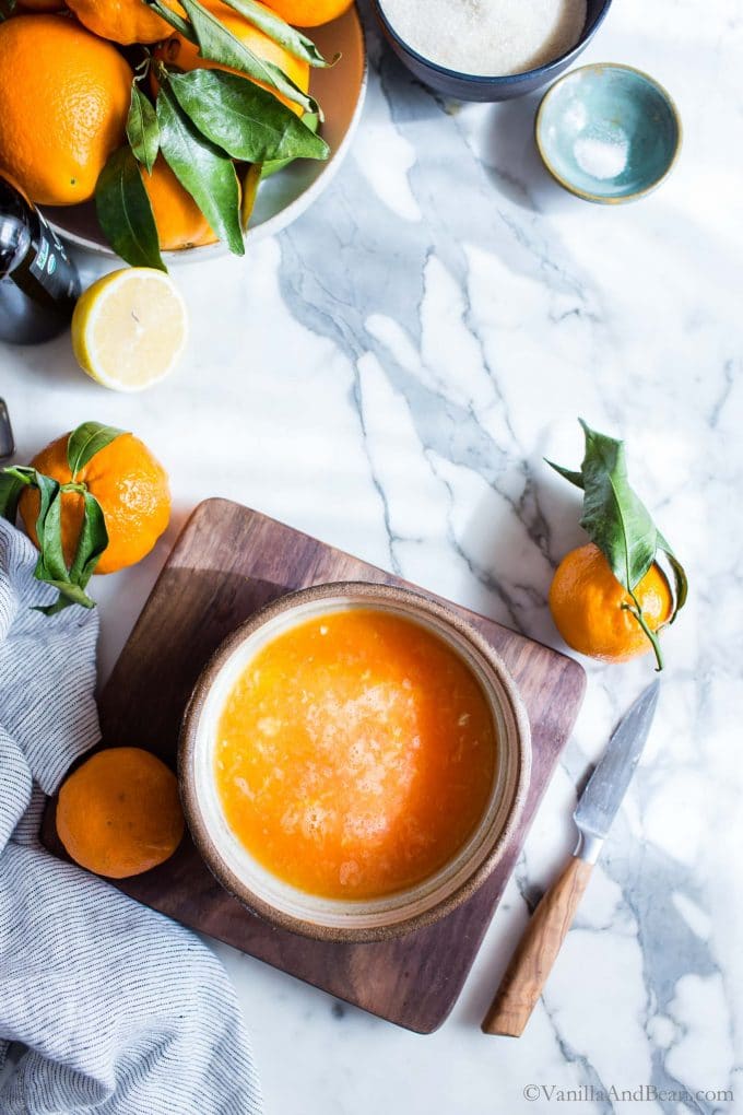 Fresh squeezed orange juice in a bowl. 