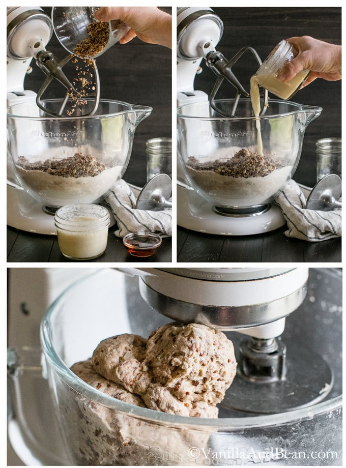 Mixing the ingredients of the Multigrain Bread in a stand mixer with a paddle attachment. A dough is formed and a dough hook is used for mixing.