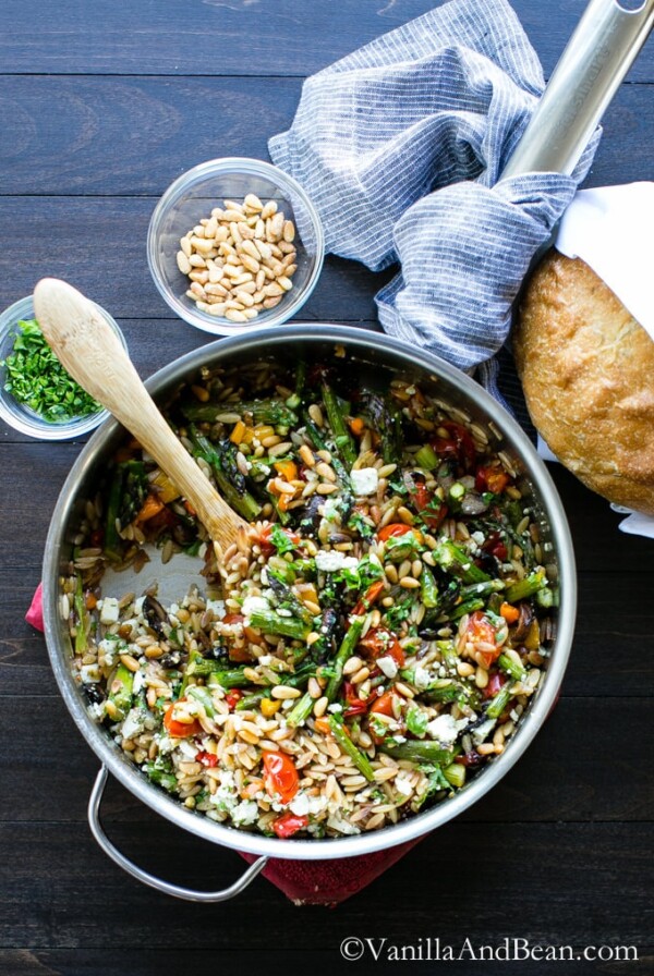 Lemon Garlic Orzo in a skillet ready for sharing.