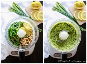 Ingredients for the Vegan Garlic Scape Pesto in a food processor surrounded by lemon slices and garlic scape.